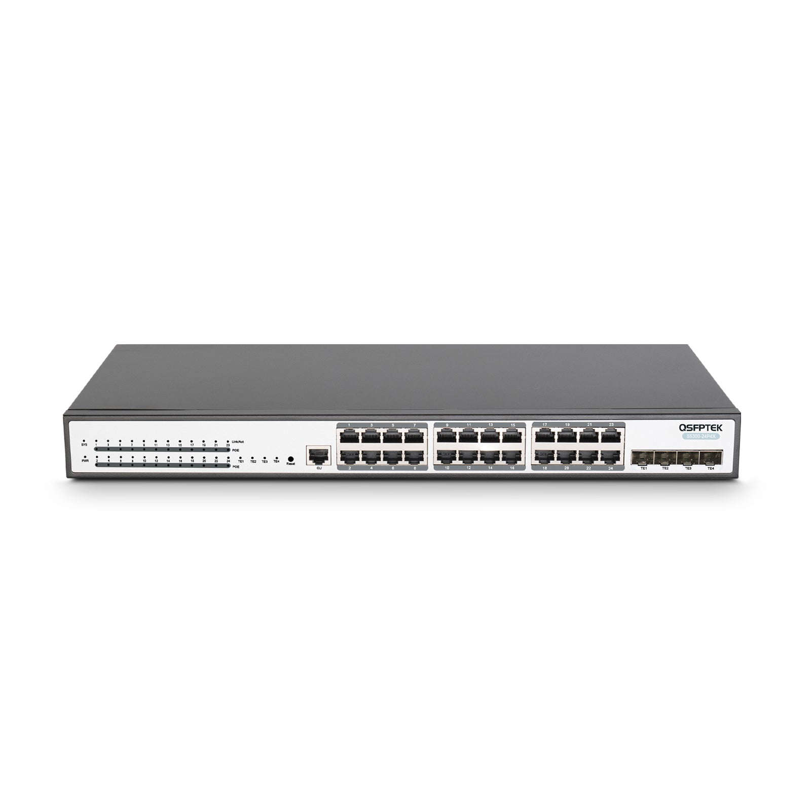 S5300-24P4X, 24-Port Ethernet L2+ PoE+ Switch, 24x PoE+ Ports@370W with 4x 10GE SFP+ Uplinks, Stackable Switch