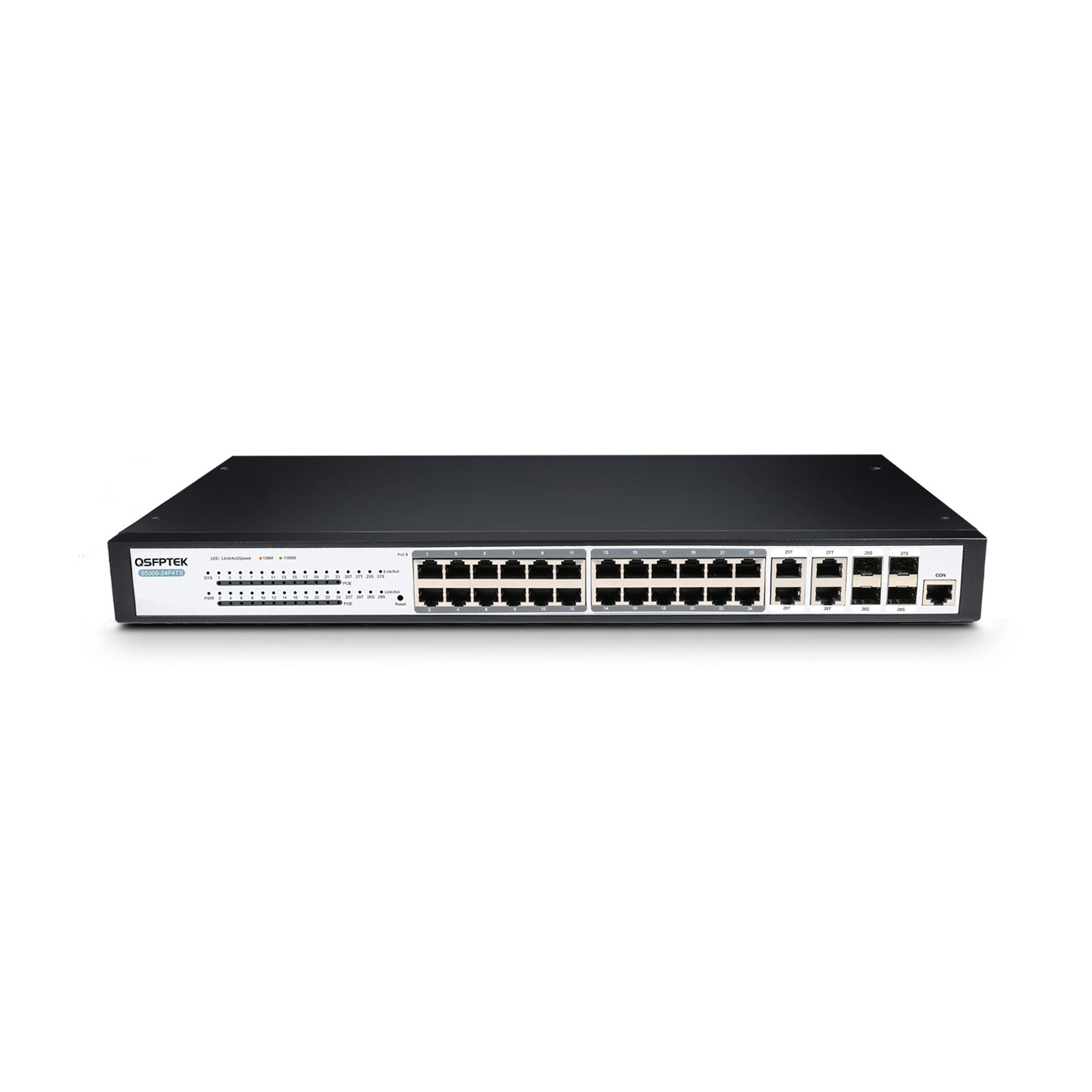 S5300-24P4TS, 24-Port Gigabit Ethernet L2+ PoE+ Fanless Switch, 24x 10/100/1000BASE-T RJ45 PoE ports with 4x 1G RJ45/SFP Combo Ports
