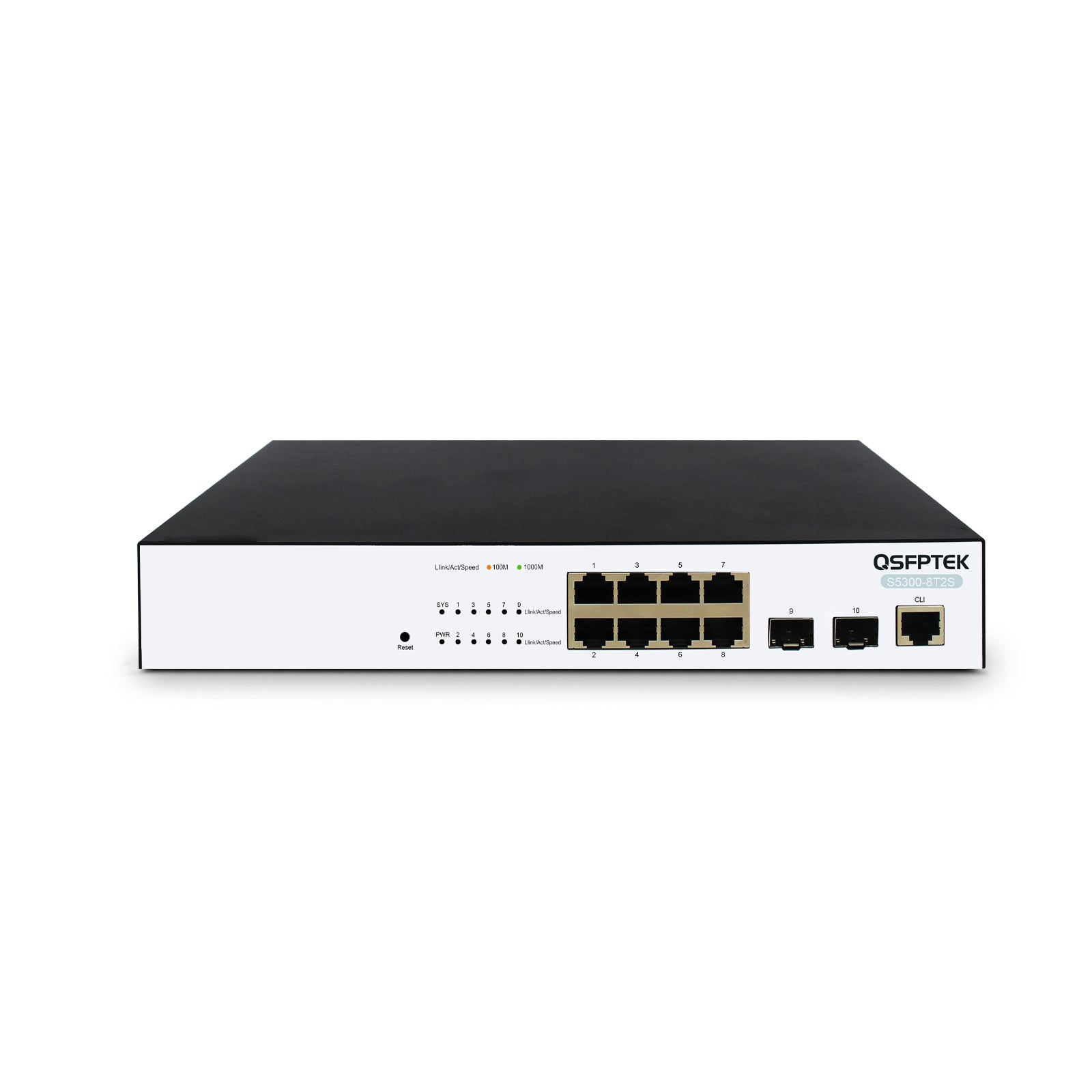 S5300-8T2S, 8-Port Ethernet L2+ Access Switch, 8x 10/100/1000BASE-T RJ45 Ports with 2x 100/1000M SFP Uplinks, Fanless